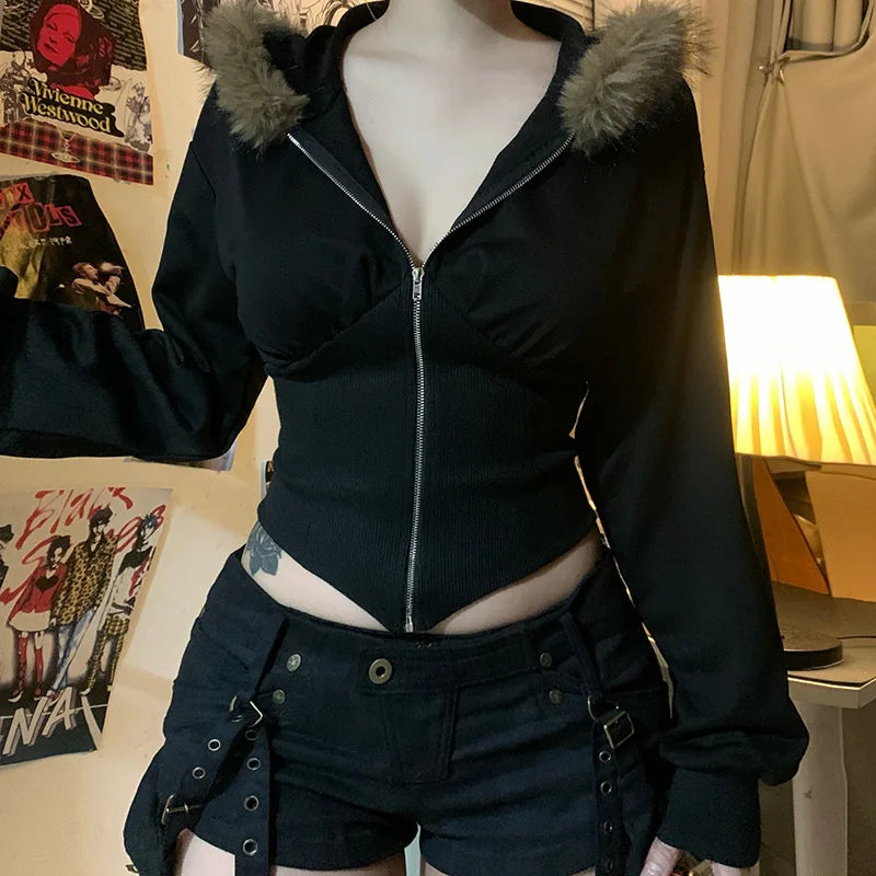 Goth Dark Autumn Winter Faux Fur Collar Solid Hooded Coats Women Casual Slim Waist Zip Hoodies Gothic Jackets Chic Streetwear