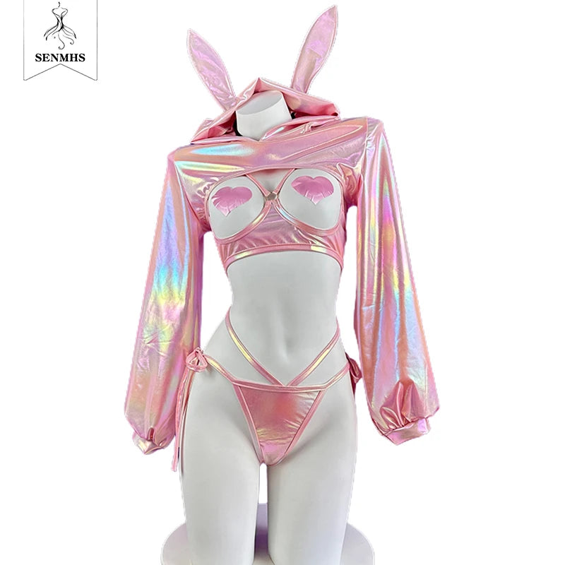 Sexy lingerie anime bunny girl cosplay pink laser patent leather bikini bunny girl Halloween lingerie set