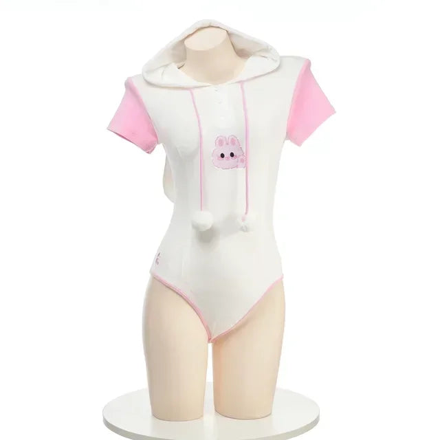 Cosplay Bunny Girl Costume Women Kawaii Sexy Plush Hoodie Bodysuit Cute Rabbit Ears Short Sleeve Pajamas Performance Clothing
