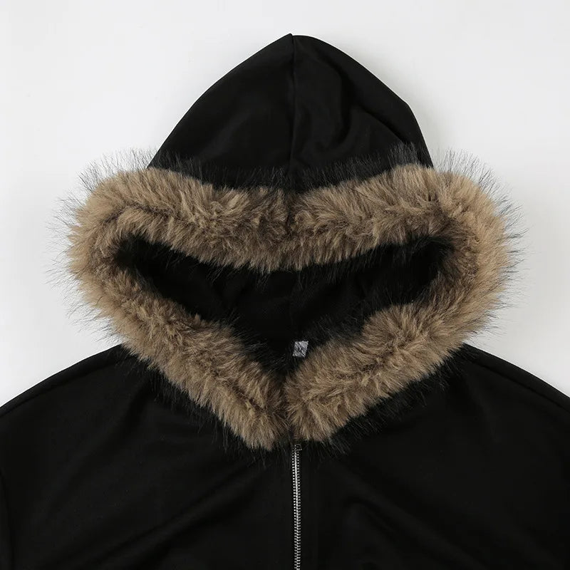 Goth Dark Autumn Winter Faux Fur Collar Solid Hooded Coats Women Casual Slim Waist Zip Hoodies Gothic Jackets Chic Streetwear