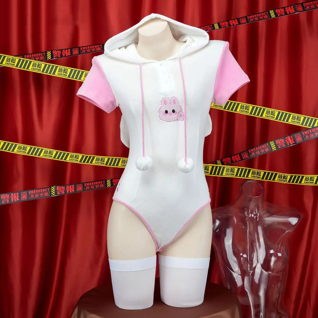 Cosplay Bunny Girl Costume Women Kawaii Sexy Plush Hoodie Bodysuit Cute Rabbit Ears Short Sleeve Pajamas Performance Clothing