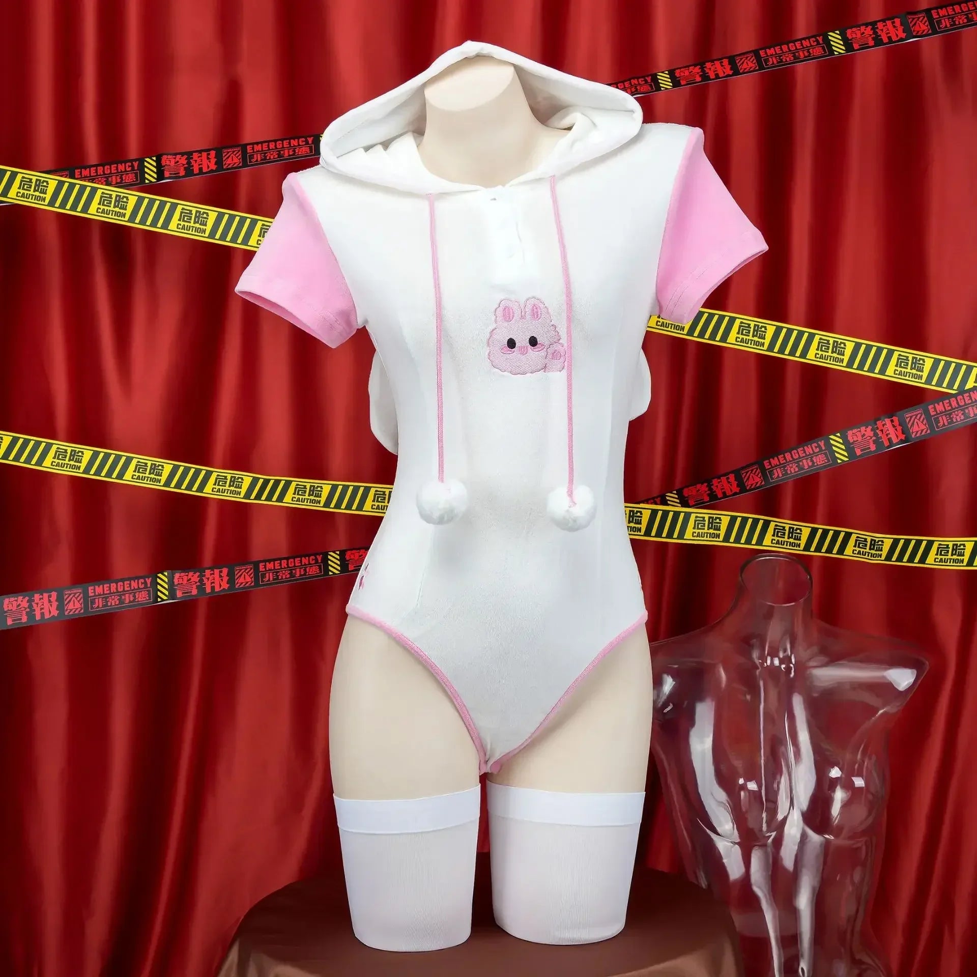 Cosplay Bunny Girl Costume Women Kawaii Sexy Plush Hoodie Bodysuit Cute Rabbit Ears Short Sleeve Pajamas Performance Clothing