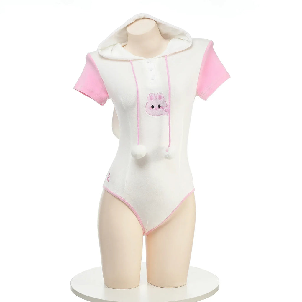 Cosplay Bunny Girl Costume Women Kawaii Sexy Plush Hoodie Bodysuit Cute Rabbit Ears Short Sleeve Pajamas Performance Clothing