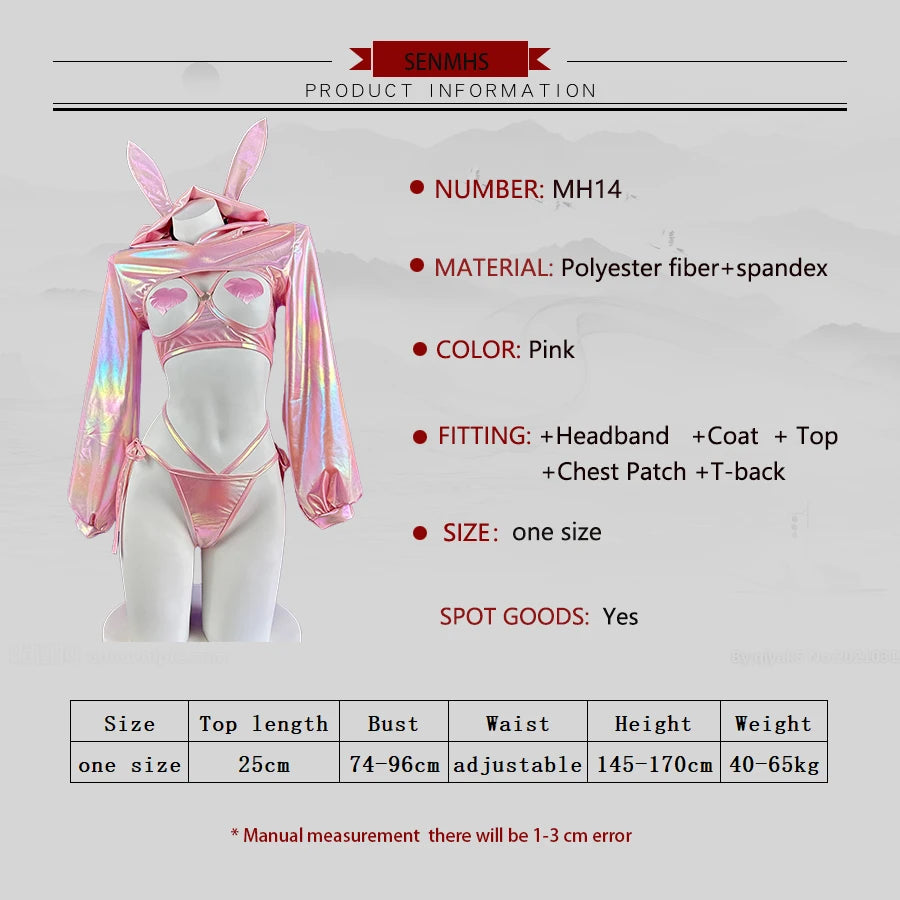 Sexy lingerie anime bunny girl cosplay pink laser patent leather bikini bunny girl Halloween lingerie set