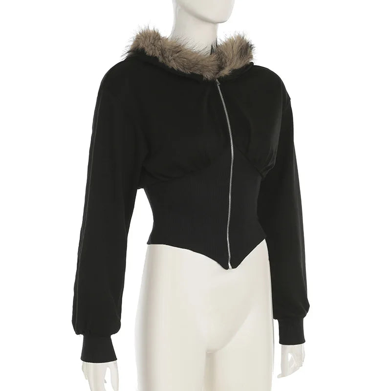 Goth Dark Autumn Winter Faux Fur Collar Solid Hooded Coats Women Casual Slim Waist Zip Hoodies Gothic Jackets Chic Streetwear