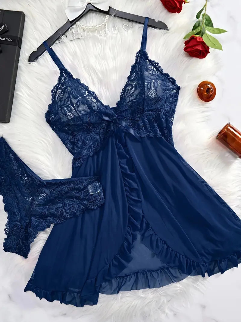 A Set Of Tulle Ultra Sexy Nightgown V-neck Bra Open Sleep Skirt Night Erotic Dress Woman Sheer Pajamas Lingerie Pants Luxury kit