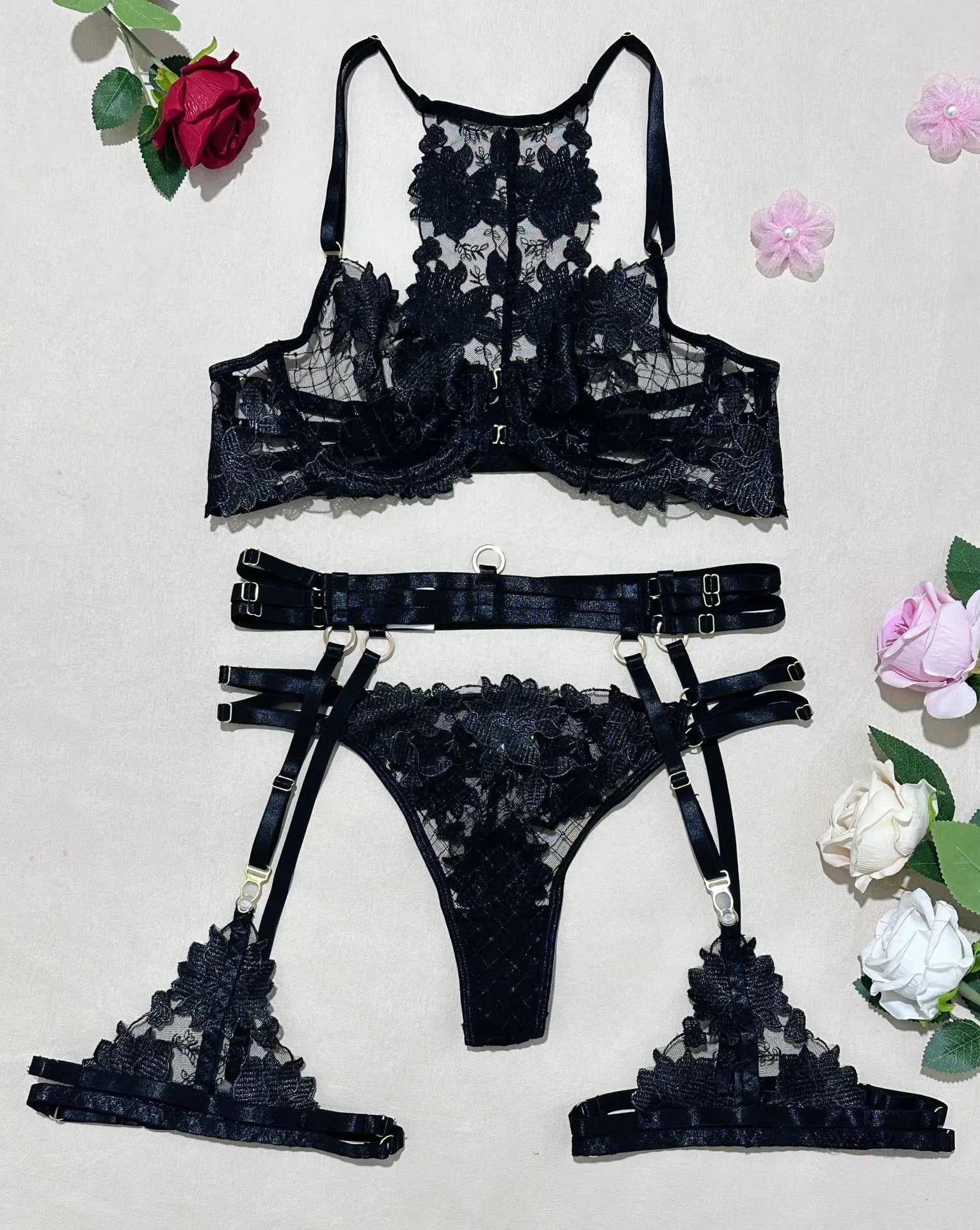 Bikini Fashion Complex Craft Embroidery Cross Strap Sexy Lingerie Push-Up Underwire Four-Piece Set