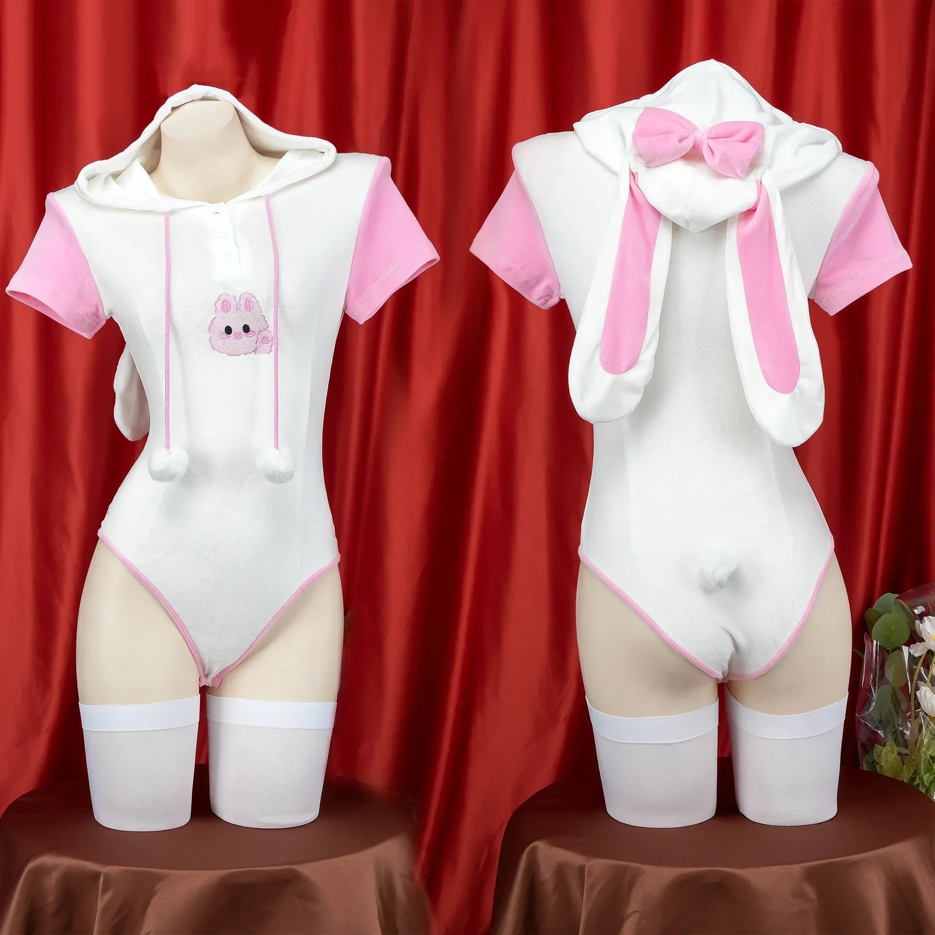 Cosplay Bunny Girl Costume Women Kawaii Sexy Plush Hoodie Bodysuit Cute Rabbit Ears Short Sleeve Pajamas Performance Clothing