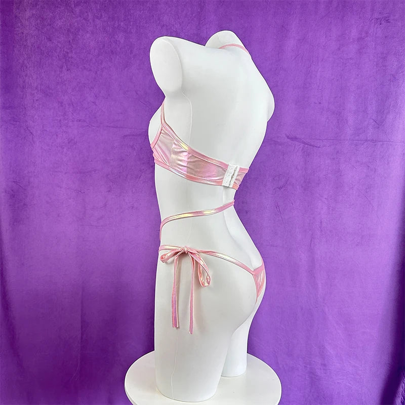 Sexy lingerie anime bunny girl cosplay pink laser patent leather bikini bunny girl Halloween lingerie set