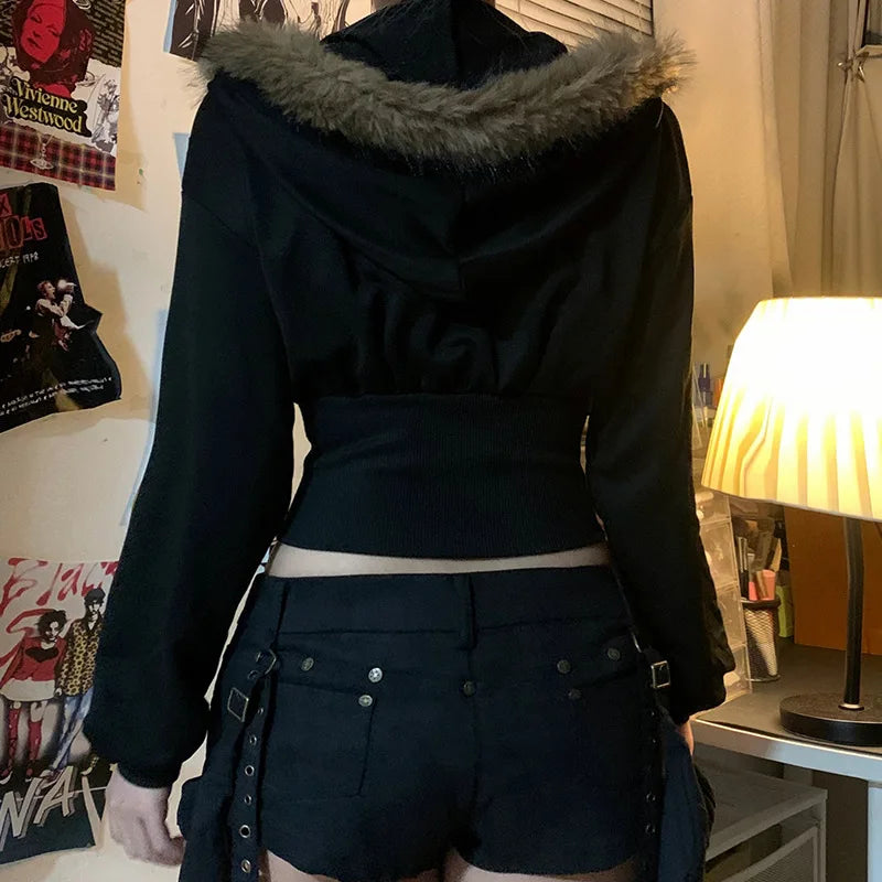 Goth Dark Autumn Winter Faux Fur Collar Solid Hooded Coats Women Casual Slim Waist Zip Hoodies Gothic Jackets Chic Streetwear