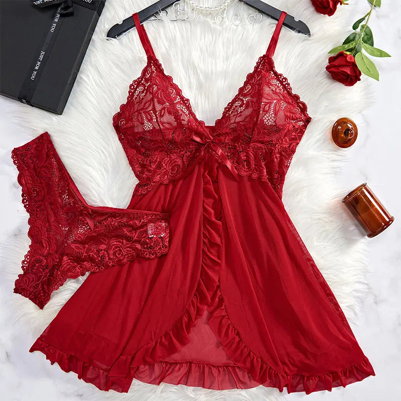 A Set Of Tulle Ultra Sexy Nightgown V-neck Bra Open Sleep Skirt Night Erotic Dress Woman Sheer Pajamas Lingerie Pants Luxury kit