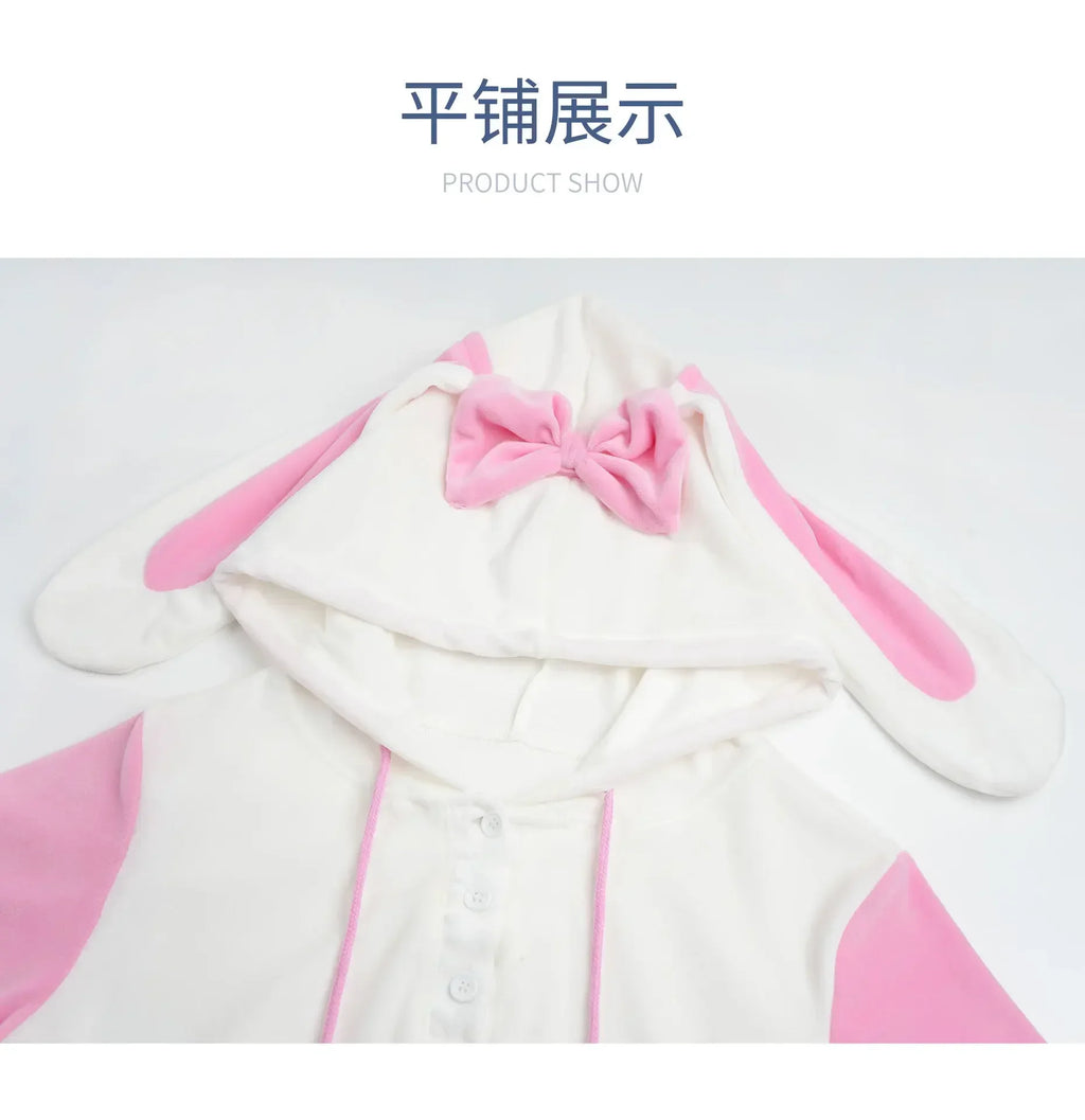 Cosplay Bunny Girl Costume Women Kawaii Sexy Plush Hoodie Bodysuit Cute Rabbit Ears Short Sleeve Pajamas Performance Clothing
