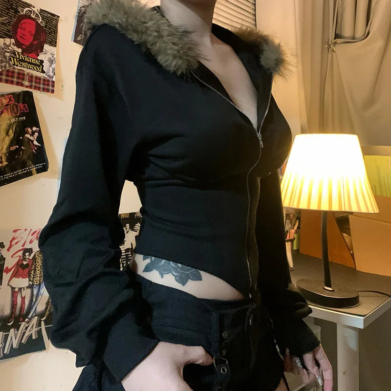 Goth Dark Autumn Winter Faux Fur Collar Solid Hooded Coats Women Casual Slim Waist Zip Hoodies Gothic Jackets Chic Streetwear